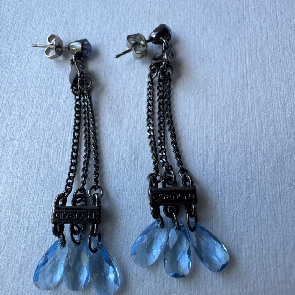 GIVENCHY Signed Blue Crystal Dangle Chain Stud Earrings - Picture 5 of 9